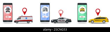 Isometric vector illustration of emergency and taxi services being called via mobile apps. It features an ambulance, police car, and taxi with Stock Vector