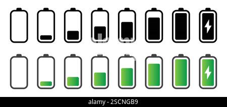 Battery charging process and issues during charging. battery icon set in black and green color. vector illustration. Stock Vector