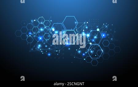 Abstract scientific vector background. Interweaving on a dark blue gradient of hexagons of different shapes with a plexus effect. Stock Vector