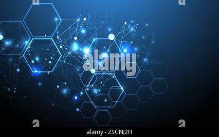 Abstract scientific vector background. Interweaving on a dark blue gradient of hexagons of different shapes with a plexus effect. Stock Vector
