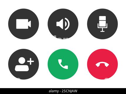 Video call icon set. microphone call. accept call. reject conference and speaker symbol. Stock Vector