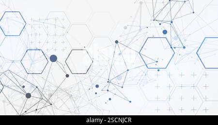 Abstract scientific vector background. Light gray gradient of hexagons of different shapes with plexus effect. Stock Vector