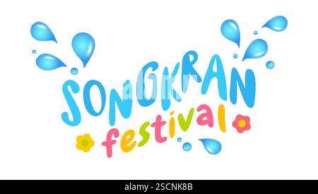 Vector illustration of typography with drops for Songkran festival. Vector icon of lettering with water drops for Songkran. Stock Vector