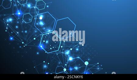 Abstract scientific vector background. Interweaving on a dark blue gradient of hexagons of different shapes with a plexus effect. Stock Vector