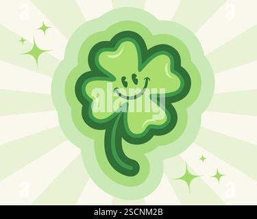 Vector four leaf lucky clover for st. Patrick's day in groovy style. Retro cartoon of lucky clover for Patricks day. Stock Vector
