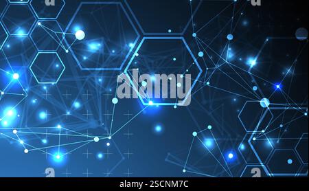 Abstract scientific vector background. Interweaving on a dark blue gradient of hexagons of different shapes with a plexus effect. Stock Vector