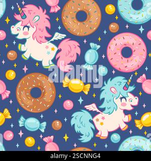 Vector seamless pattern of cute kawaii unicorns with candies and donuts. Pattern for children birthday party with unicorn, candy and donut. Stock Vector