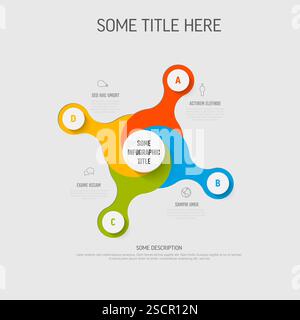 A colorful circular infographic with labeled segments. The infographic design uses vibrant colors and icons to illustrate connections between concepts Stock Vector