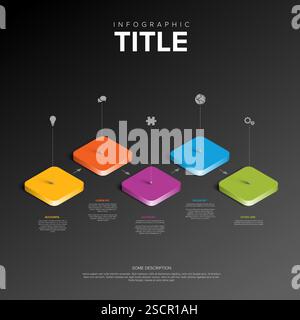 Dark infographic displays a 3D layout with five colorful steps in orange, yellow, purple, blue, and green. Each step features icons and text for prese Stock Vector