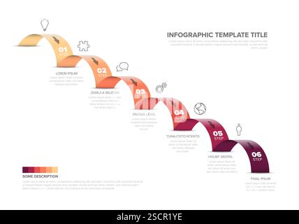 A colorful, ascending six step infographic template with placeholder text and icons. This infographic features distinct colors and icons for each step Stock Vector