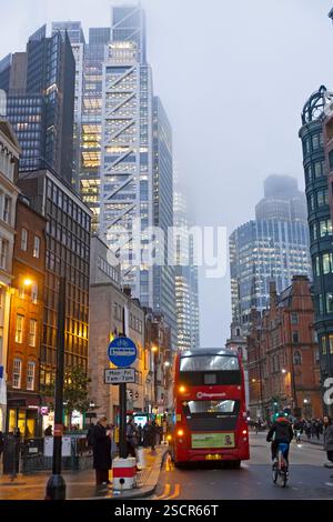 Nighttime view of skyscrapers buildings towers lit up on Bishopsgate near Liverpool Street Station in London England UK 2025   KATHY DEWITT Stock Photo
