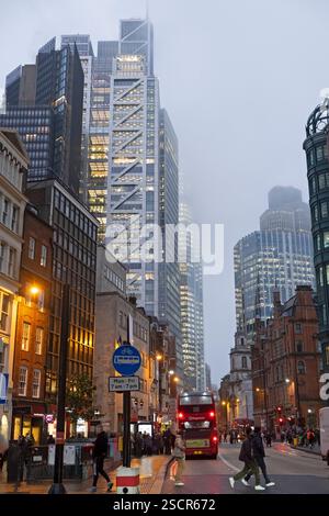 Night view of skyscrapers buildings towers lit up on Bishopsgate near Liverpool Street Station in London England UK 2025   KATHY DEWITT Stock Photo