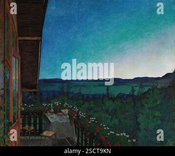 Summer Night, 1899. Additional Info: A table set for two stands on a veranda with a broad view of a nocturnal landscape. The meal seems to have been finished: the stools have been casually pushed aside, and the people have presumably gone indoors. The veranda door remains ajar and reflects the landscape in its window pane. Half-empty glasses and carafes and a pair of women’s gloves are on the table, and a hat has been left on the flower box. The house’s sharply foreshortened exterior wall and the colourful diagonal of flowers add perspectival verve to the painting. Attention is d Stock Photo