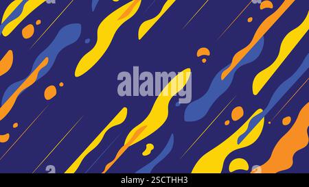 Vibrant abstract background featuring dynamic fluid shapes in yellow, orange, and blue on a deep navy backdrop. Ideal for branding, digital art. Stock Vector