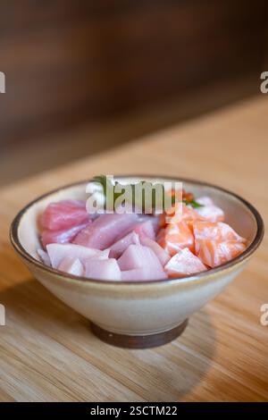 Bara Don,  a Japanese rice bowl dish of diced raw fish including Hamaji, Ikura, Salmon, Tuna. Stock Photo