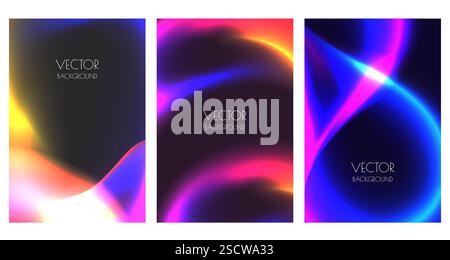 Glowing neon liquid background set. Vector abstract gradient blend illustration. Banner, poster, brochure, flyer design collection Stock Vector