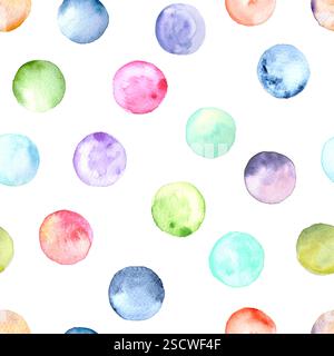 Polka dot multi-colored watercolor seamless pattern. Abstract watercolour background with colorful circles on white. Hand drawn round shaped texture. Stock Photo