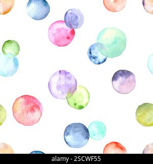 Polka dot multi-colored watercolor seamless pattern. Abstract watercolour background with colorful circles on white. Hand drawn round shaped texture. Stock Photo