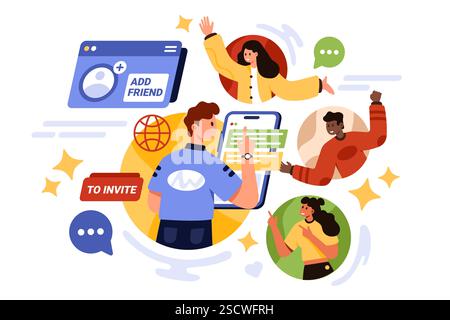 Refer and invite friends to loyalty program, social media community. Tiny influencer using phone app to add new familiar customers in circle profile avatars to group cartoon vector illustration Stock Vector