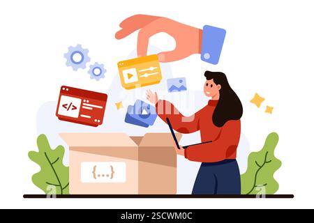 Packaged software, free download, video and audio editing. Big hand of developer or provider putting application icons in open box, packages multiple services for client cartoon vector illustration Stock Vector