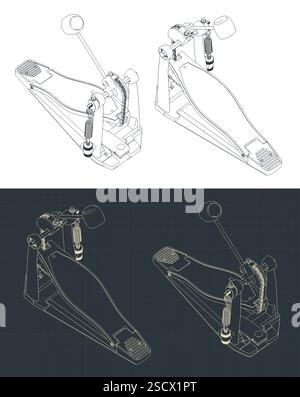 Bass drum pedal isometric blueprints illustrations Stock Vector