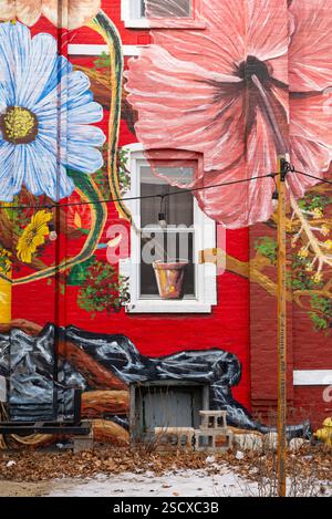 Colorful painted brick wall and windows in Chicago neighborhood. Stock Photo