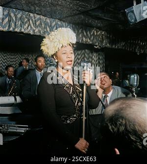 Portrait of Ella Fitzgerald, Dizzy Gillespie, Ray Brown, Milt (Milton) Jackson, and Timmie Rosenkrantz, Downbeat, New York, N.Y., ca. Sept. 1947. (Colorised black and white print). Stock Photo