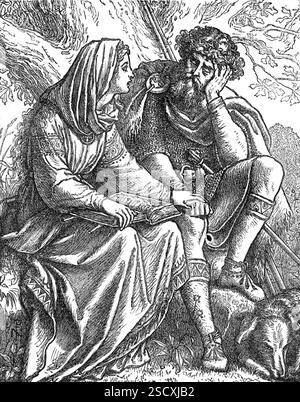 Queen Margaret Reading the Bible to King Malcolm, from &quot;The Shores of Fife&quot;, 1872. Illustration from a Christmas book. 'Sir Noel Paton's design in the Engraving we have borrowed represents his ideal conception of a well-known incident belonging to the traditions of early Scottish history...The marriage of this powerful heathen monarch with the Saxon Princess Margaret, grandchild of Edmund Ironside and sister of Edgar Atheling, was the occasion that led to the re-establishment of Christianity in Scotland, after the subversion of the ancient Columban Church by the inroad of a fierce ba Stock Photo