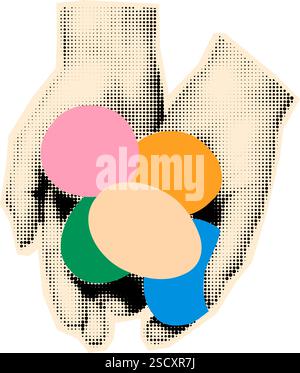 Hands holding Easter eggs halftone collage vector illustration Stock Vector