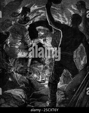 Completion of the St. Gothard Tunnel: meeting of workmen from the Airolo and Göschenen sides, in centre of tunnel, Sunday morning, Feb. 29, nine A.M., 1880. 'The great work of boring a railway tunnel, nine miles and a quarter long, through the St. Gothard clump of the Alps, from Göschenen, in the Swiss Canton of Uri, to Airolo, on the Italian side...Our Illustration represents the meeting of the two opposite working parties...when they broke through the last intervening piece of rock...The plans were originally prepared by M. Helwag, as chief engineer, and M. Louis Favre was the chie Stock Photo