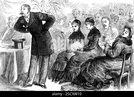 Election Sketches: family influence, 1880. '...that fashionable youth, perhaps a Guardsman and heir to a peerage or baronetcy, who relies securely upon "family influence" and a large territorial property, as he rises with easy confidence to make his appropriate speech, having his sisters and cousins and the hereditary allies of his race, seated in graceful complacency behind him! The gift of silver speech is more readily bestowed on him who was born with a silver spoon in his mouth...'. From "Illustrated London News", 1880. Stock Photo