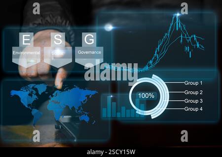A digital interface displays ESG (Environmental, Social, Governance), financial charts, and data analytics, symbolizing sustainable investing, corpora Stock Photo