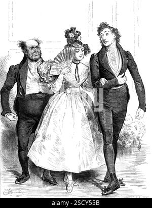 A Domestic Drama - Act II. - The Victory (of Worth over Wealth) drawn By F. Barnard, 1880. 'Sophia sits and waits, amidst the dancing, That partner of her choice; But sees his odious rival first advancing, And hears a hateful voice: "Miss Winston, really! I shall be delighted"- Thrust forth his awkward arm - "To tread this dance, my steps with yours united In Music's mazy charm?" But, on the other side, her welcome lover, Arriving just in time, To Jaggers speaks - her diffidence to cover - With firmness quite sublime; "Miss Winston, Sir, engaged herself to Me." Sh Stock Photo