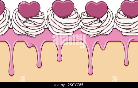 Horizontal seamless pattern with cream cake decorated with hearts. Vector color background. Stock Vector