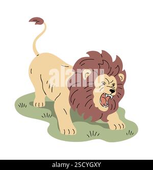 An angry lion with a mane. African animal predator. Wild big cat. Wildlife and fauna. Vector illustration isolated on white background Stock Vector