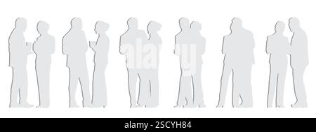 Vector concept conceptual gray paper cut silhouette of a man and woman holding a cup in hand from different perspectives isolated on white background. Stock Vector