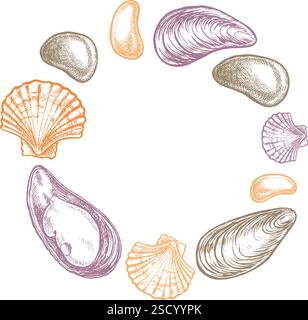 A round composition of shells and pebbles. Hand-drawn vector illustration. A color image of marine objects in a frame. Separate from the background. P Stock Vector