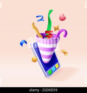 3D party popper with confetti on mobile phone Stock Vector