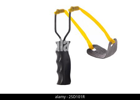 Black Handheld Slingshot with Yellow Bands Isolated on White Background Stock Photo