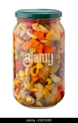 Pickled vegetable mix for seasoning rice and pasta salad in glass jar isolated on white with clipping path included Stock Photo