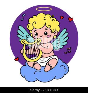 Vector Cupid illustration playing a harp while sitting on a fluffy cloud. Perfect for Valentine's Day and love themes Stock Vector