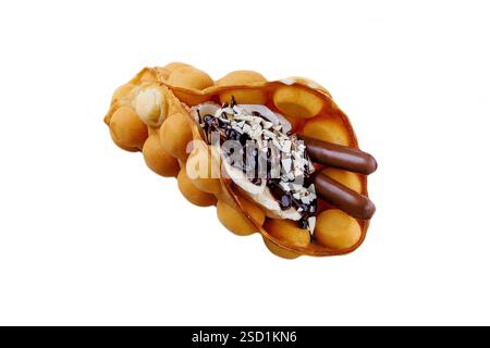 Bubble Waffle cone: Close-up of Assorted Ice Cream Cones with different flavors of ice creams, cookies and sprinkles in a Display in an ice cream Stock Photo