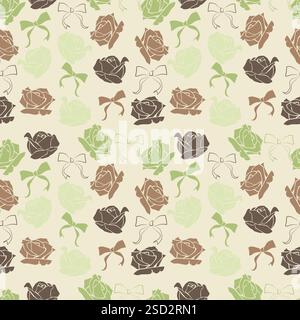 seamless floral pattern features hand-drawn roses, delicate bows in earthy brown, green, beige tones. The elegant vintage design. Stock Vector