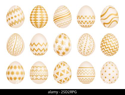 Set of Fifteen Easter eggs with gold texture on a white background. Vector illustration Stock Vector