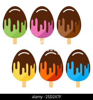 Set of colorful ice cream  with chocolate. Creamy ice cream on a wooden stick Stock Vector