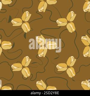 Hand drawn Classic Tulip flowers and swirl Ribbons seamless patterns for fabric, textiles, clothing, wrapping paper Stock Vector