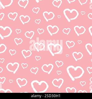 Seamless pattern with hand drawn hearts. Doodle grunge white hearts on pink background. Vector illustration. Stock Vector