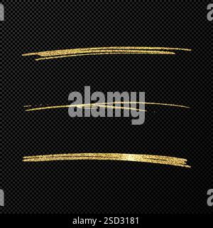 Abstract shiny confetti glittering waves. Set of three hand drawn brush golden strokes on black transparent background. Vector illustration Stock Vector