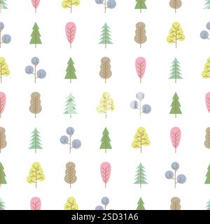 Seamless pattern with colored trees on white background. Vector illustration. Stock Vector