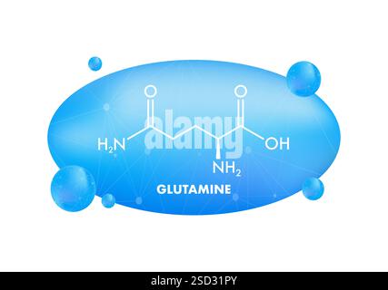 Glutamine chemical formula structural molecule on blue scientific background Stock Vector